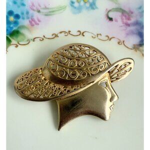 Vintage 80's Art Deco Style Woman's Face with Hat Brooch Gold Tone